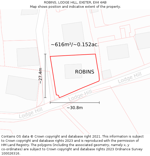 ROBINS, LODGE HILL, EXETER, EX4 4AB: Plot and title map