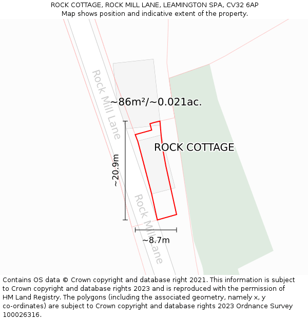 ROCK COTTAGE, ROCK MILL LANE, LEAMINGTON SPA, CV32 6AP: Plot and title map