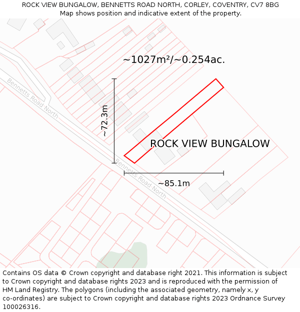 ROCK VIEW BUNGALOW, BENNETTS ROAD NORTH, CORLEY, COVENTRY, CV7 8BG: Plot and title map