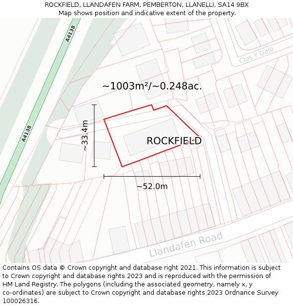 ROCKFIELD, LLANDAFEN FARM, PEMBERTON, LLANELLI, SA14 9BX: Plot and title map