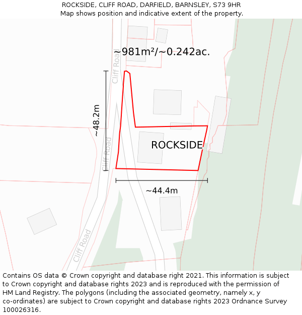 ROCKSIDE, CLIFF ROAD, DARFIELD, BARNSLEY, S73 9HR: Plot and title map