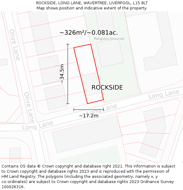 ROCKSIDE, LONG LANE, WAVERTREE, LIVERPOOL, L15 8LT: Plot and title map