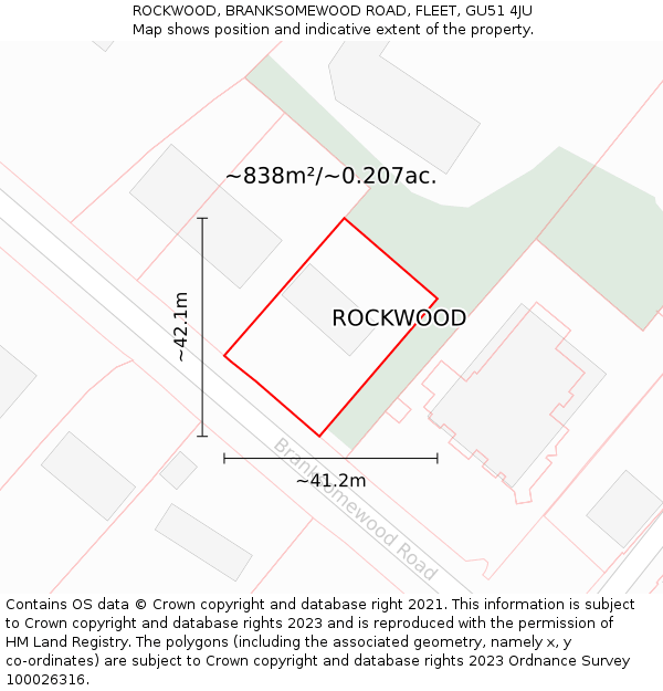 ROCKWOOD, BRANKSOMEWOOD ROAD, FLEET, GU51 4JU: Plot and title map