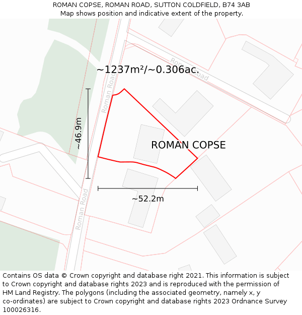 ROMAN COPSE, ROMAN ROAD, SUTTON COLDFIELD, B74 3AB: Plot and title map