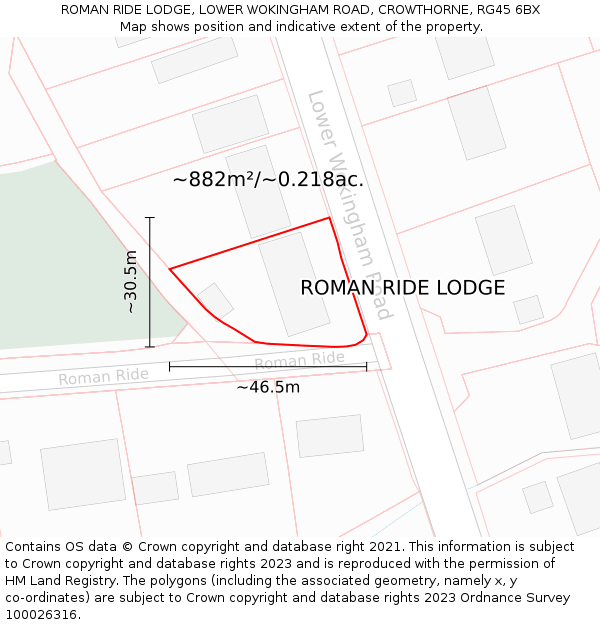 ROMAN RIDE LODGE, LOWER WOKINGHAM ROAD, CROWTHORNE, RG45 6BX: Plot and title map