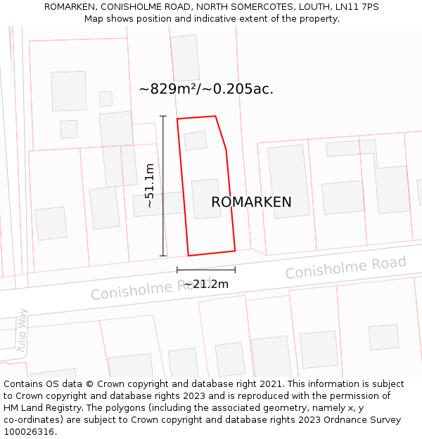 ROMARKEN, CONISHOLME ROAD, NORTH SOMERCOTES, LOUTH, LN11 7PS: Plot and title map
