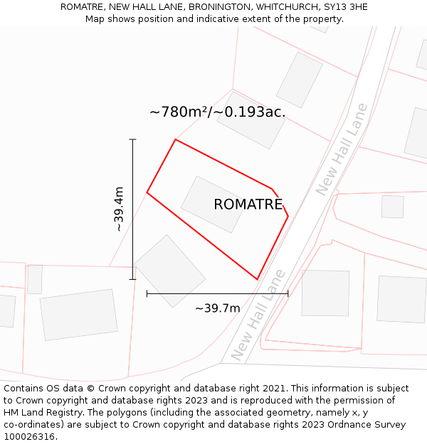 ROMATRE, NEW HALL LANE, BRONINGTON, WHITCHURCH, SY13 3HE: Plot and title map