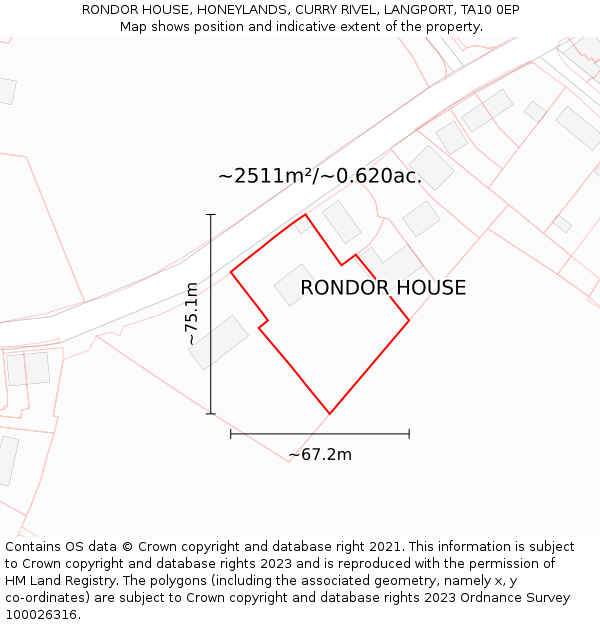 RONDOR HOUSE, HONEYLANDS, CURRY RIVEL, LANGPORT, TA10 0EP: Plot and title map