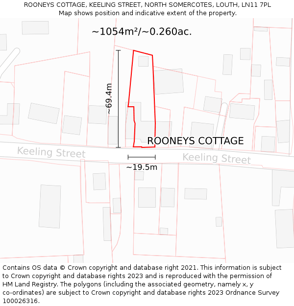 ROONEYS COTTAGE, KEELING STREET, NORTH SOMERCOTES, LOUTH, LN11 7PL: Plot and title map