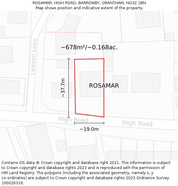 ROSAMAR, HIGH ROAD, BARROWBY, GRANTHAM, NG32 1BN: Plot and title map