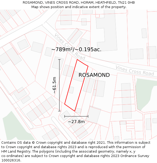 ROSAMOND, VINES CROSS ROAD, HORAM, HEATHFIELD, TN21 0HB: Plot and title map