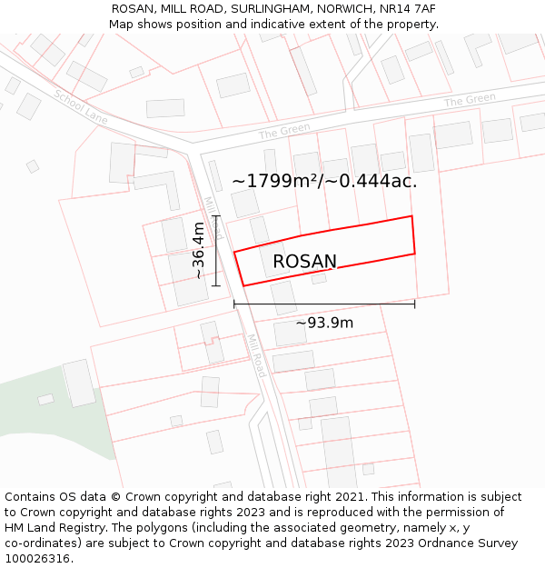 ROSAN, MILL ROAD, SURLINGHAM, NORWICH, NR14 7AF: Plot and title map