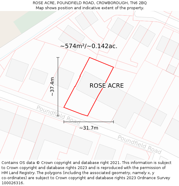 ROSE ACRE, POUNDFIELD ROAD, CROWBOROUGH, TN6 2BQ: Plot and title map