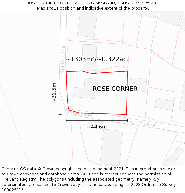 ROSE CORNER, SOUTH LANE, NOMANSLAND, SALISBURY, SP5 2BZ: Plot and title map