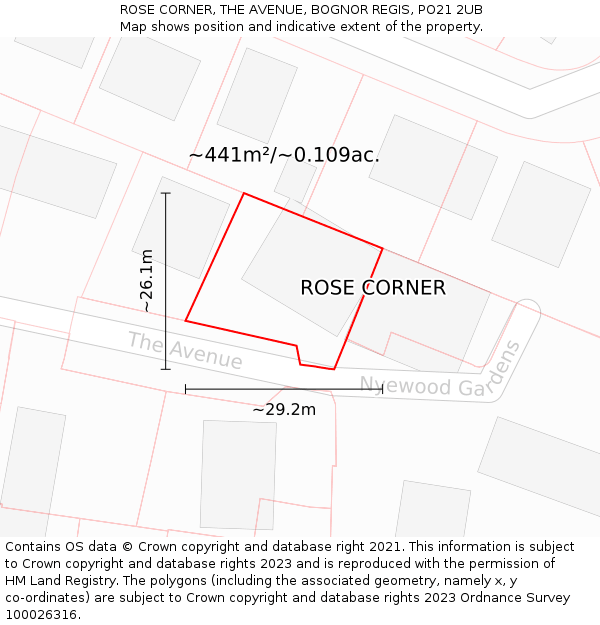 ROSE CORNER, THE AVENUE, BOGNOR REGIS, PO21 2UB: Plot and title map