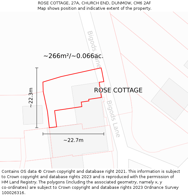 ROSE COTTAGE, 27A, CHURCH END, DUNMOW, CM6 2AF: Plot and title map