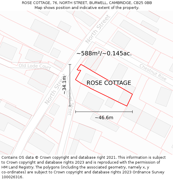 ROSE COTTAGE, 76, NORTH STREET, BURWELL, CAMBRIDGE, CB25 0BB: Plot and title map