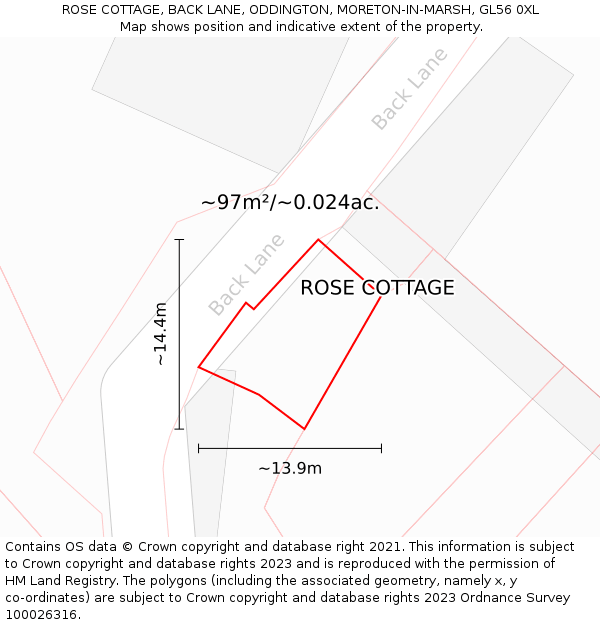 ROSE COTTAGE, BACK LANE, ODDINGTON, MORETON-IN-MARSH, GL56 0XL: Plot and title map