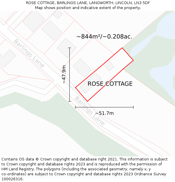 ROSE COTTAGE, BARLINGS LANE, LANGWORTH, LINCOLN, LN3 5DF: Plot and title map