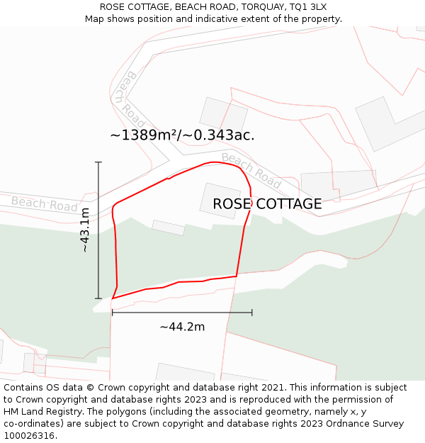 ROSE COTTAGE, BEACH ROAD, TORQUAY, TQ1 3LX: Plot and title map