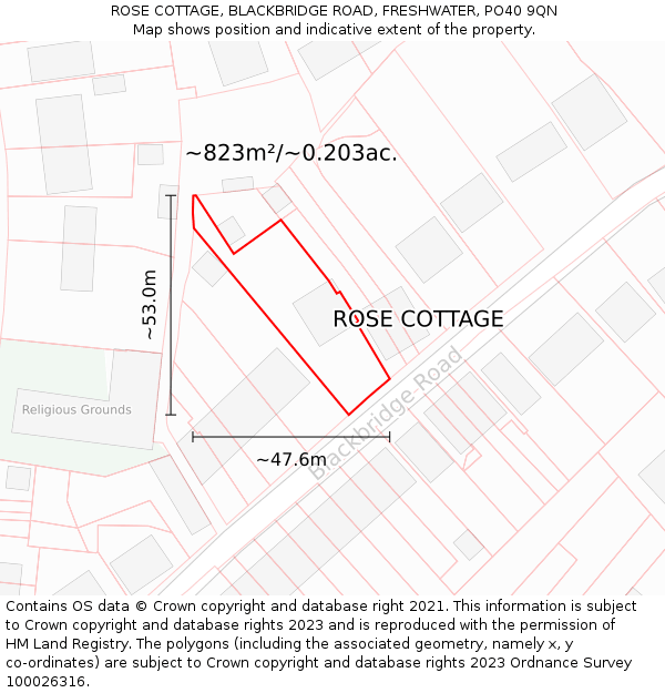 ROSE COTTAGE, BLACKBRIDGE ROAD, FRESHWATER, PO40 9QN: Plot and title map