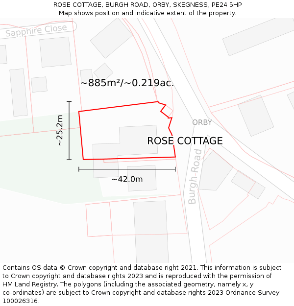 ROSE COTTAGE, BURGH ROAD, ORBY, SKEGNESS, PE24 5HP: Plot and title map