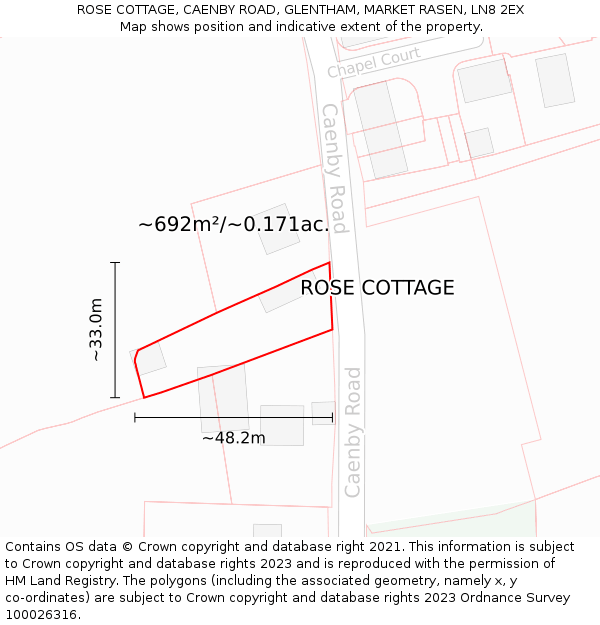 ROSE COTTAGE, CAENBY ROAD, GLENTHAM, MARKET RASEN, LN8 2EX: Plot and title map