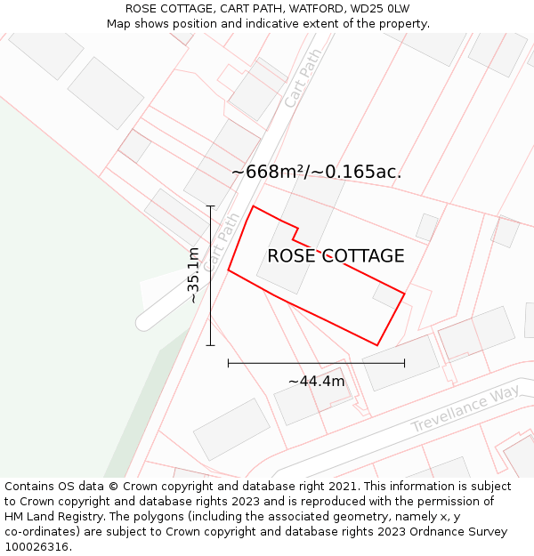 ROSE COTTAGE, CART PATH, WATFORD, WD25 0LW: Plot and title map