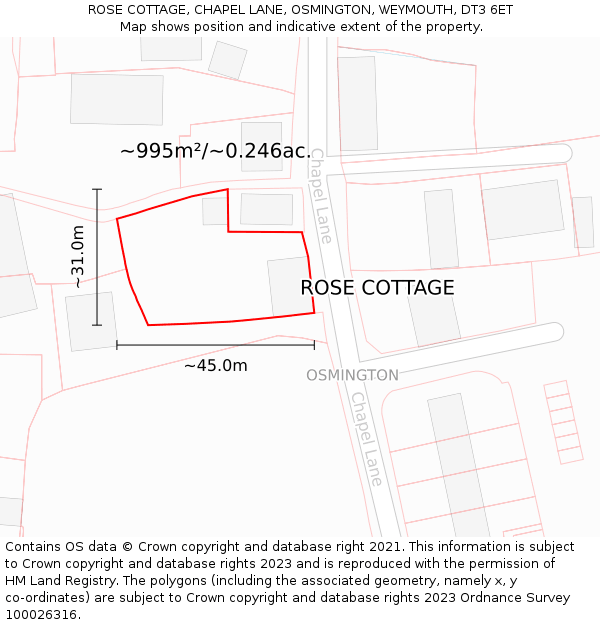 ROSE COTTAGE, CHAPEL LANE, OSMINGTON, WEYMOUTH, DT3 6ET: Plot and title map