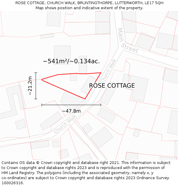 ROSE COTTAGE, CHURCH WALK, BRUNTINGTHORPE, LUTTERWORTH, LE17 5QH: Plot and title map