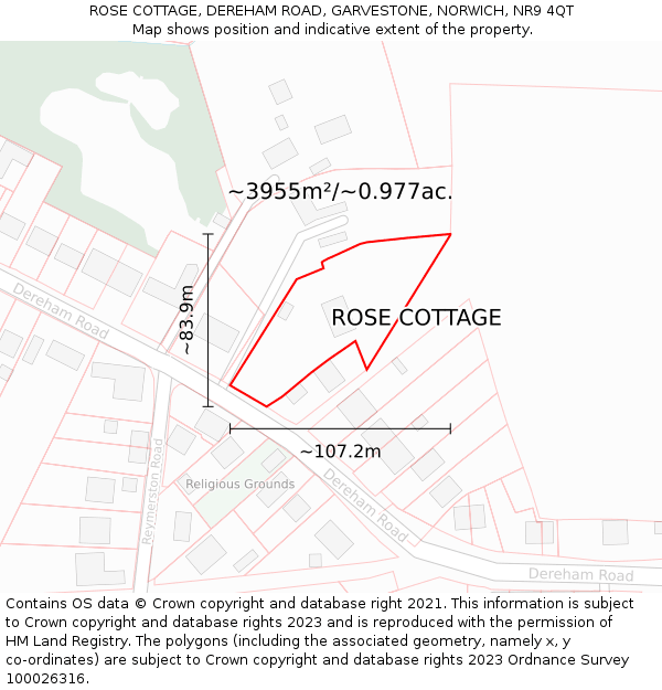 ROSE COTTAGE, DEREHAM ROAD, GARVESTONE, NORWICH, NR9 4QT: Plot and title map