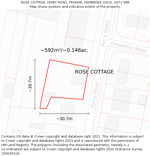 ROSE COTTAGE, FERRY ROAD, PENNAR, PEMBROKE DOCK, SA72 6RR: Plot and title map