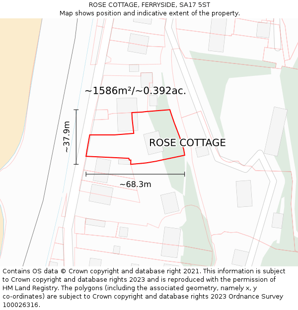 ROSE COTTAGE, FERRYSIDE, SA17 5ST: Plot and title map