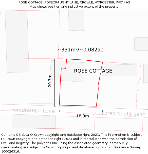 ROSE COTTAGE, FOREDRAUGHT LANE, CROWLE, WORCESTER, WR7 4AS: Plot and title map