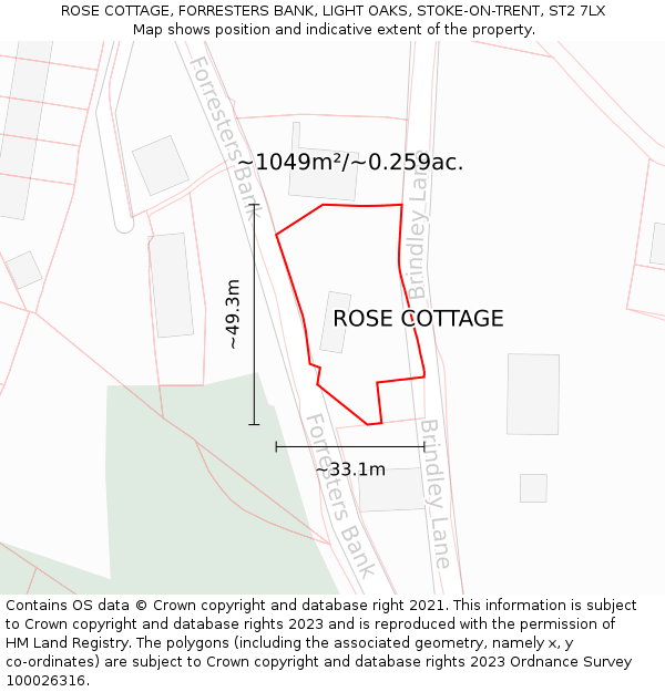 ROSE COTTAGE, FORRESTERS BANK, LIGHT OAKS, STOKE-ON-TRENT, ST2 7LX: Plot and title map