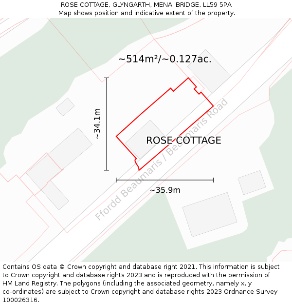 ROSE COTTAGE, GLYNGARTH, MENAI BRIDGE, LL59 5PA: Plot and title map