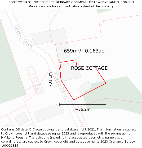 ROSE COTTAGE, GREEN TREES, PEPPARD COMMON, HENLEY-ON-THAMES, RG9 5EN: Plot and title map