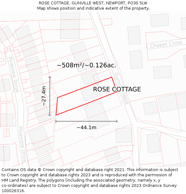 ROSE COTTAGE, GUNVILLE WEST, NEWPORT, PO30 5LW: Plot and title map