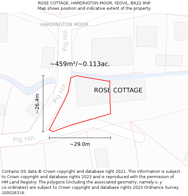ROSE COTTAGE, HARDINGTON MOOR, YEOVIL, BA22 9NP: Plot and title map