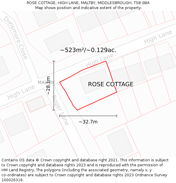 ROSE COTTAGE, HIGH LANE, MALTBY, MIDDLESBROUGH, TS8 0BA: Plot and title map