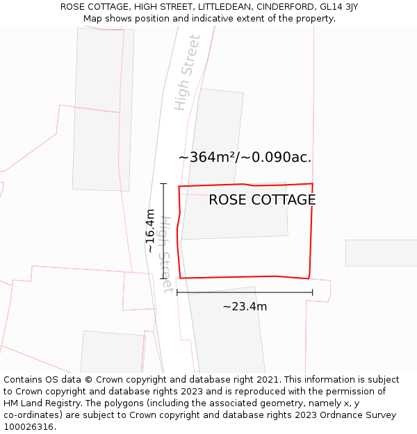 ROSE COTTAGE, HIGH STREET, LITTLEDEAN, CINDERFORD, GL14 3JY: Plot and title map