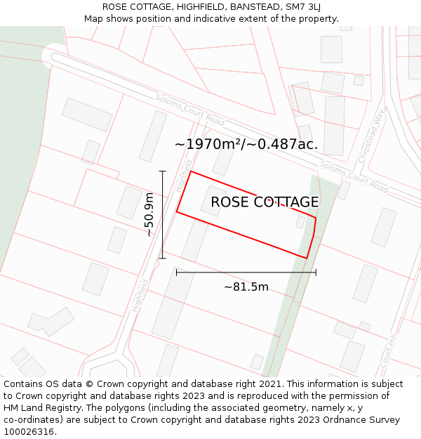 ROSE COTTAGE, HIGHFIELD, BANSTEAD, SM7 3LJ: Plot and title map