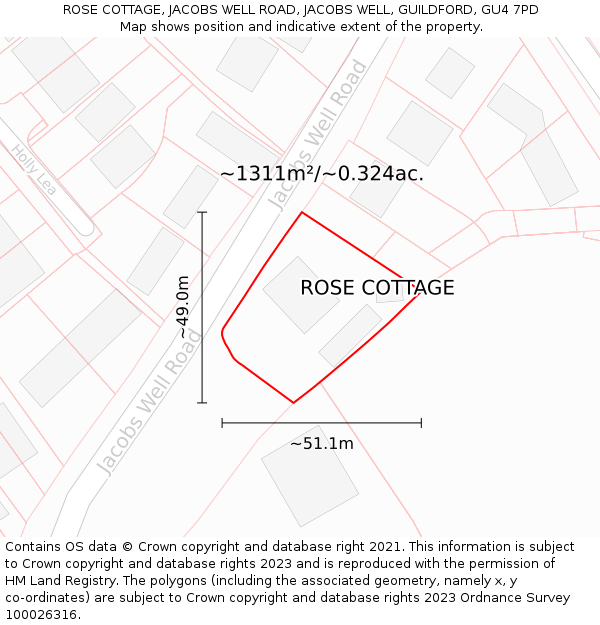 ROSE COTTAGE, JACOBS WELL ROAD, JACOBS WELL, GUILDFORD, GU4 7PD: Plot and title map