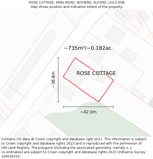 ROSE COTTAGE, MAIN ROAD, WITHERN, ALFORD, LN13 0NB: Plot and title map
