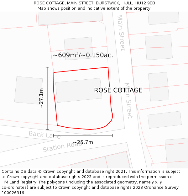 ROSE COTTAGE, MAIN STREET, BURSTWICK, HULL, HU12 9EB: Plot and title map