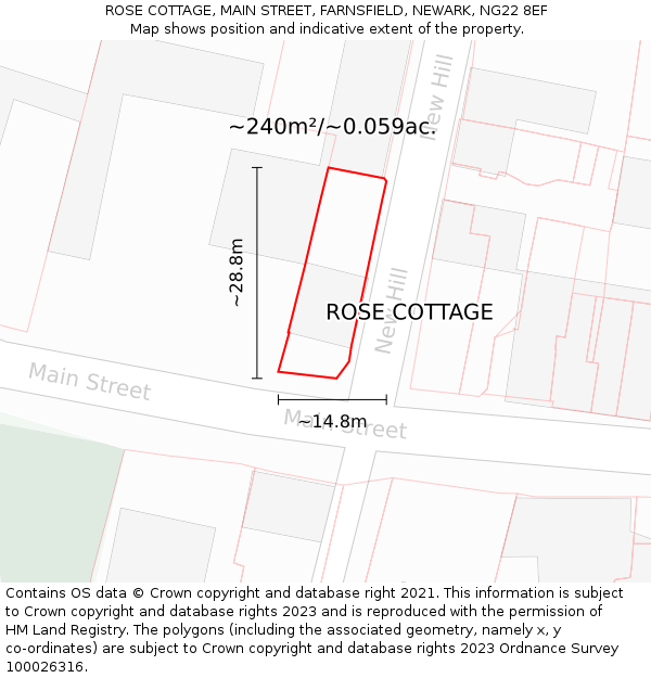 ROSE COTTAGE, MAIN STREET, FARNSFIELD, NEWARK, NG22 8EF: Plot and title map