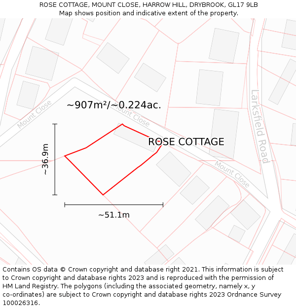 ROSE COTTAGE, MOUNT CLOSE, HARROW HILL, DRYBROOK, GL17 9LB: Plot and title map