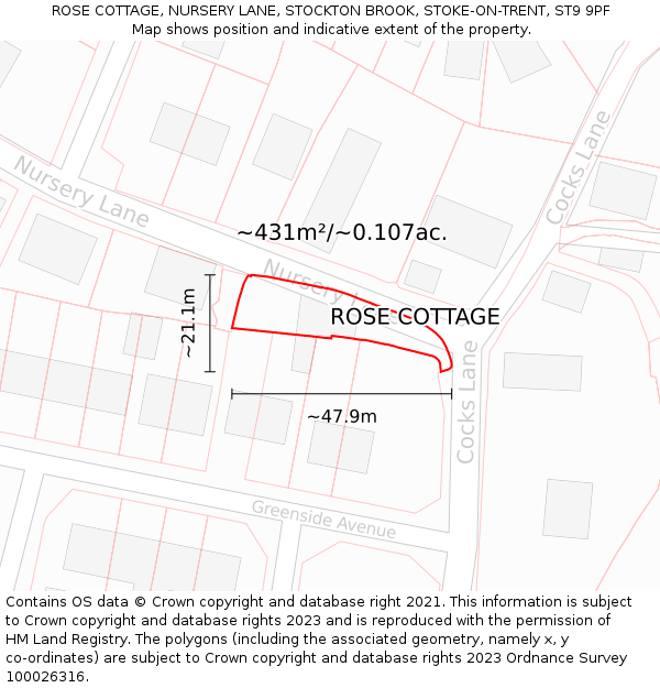 ROSE COTTAGE, NURSERY LANE, STOCKTON BROOK, STOKE-ON-TRENT, ST9 9PF: Plot and title map