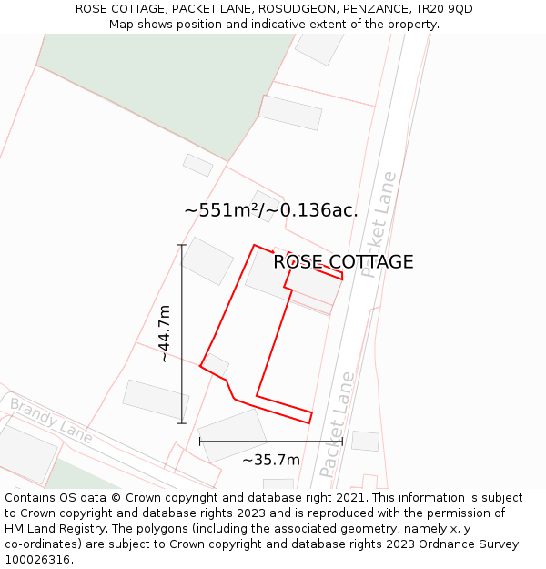 ROSE COTTAGE, PACKET LANE, ROSUDGEON, PENZANCE, TR20 9QD: Plot and title map