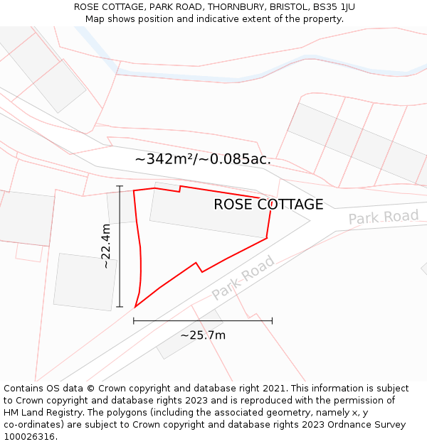 ROSE COTTAGE, PARK ROAD, THORNBURY, BRISTOL, BS35 1JU: Plot and title map